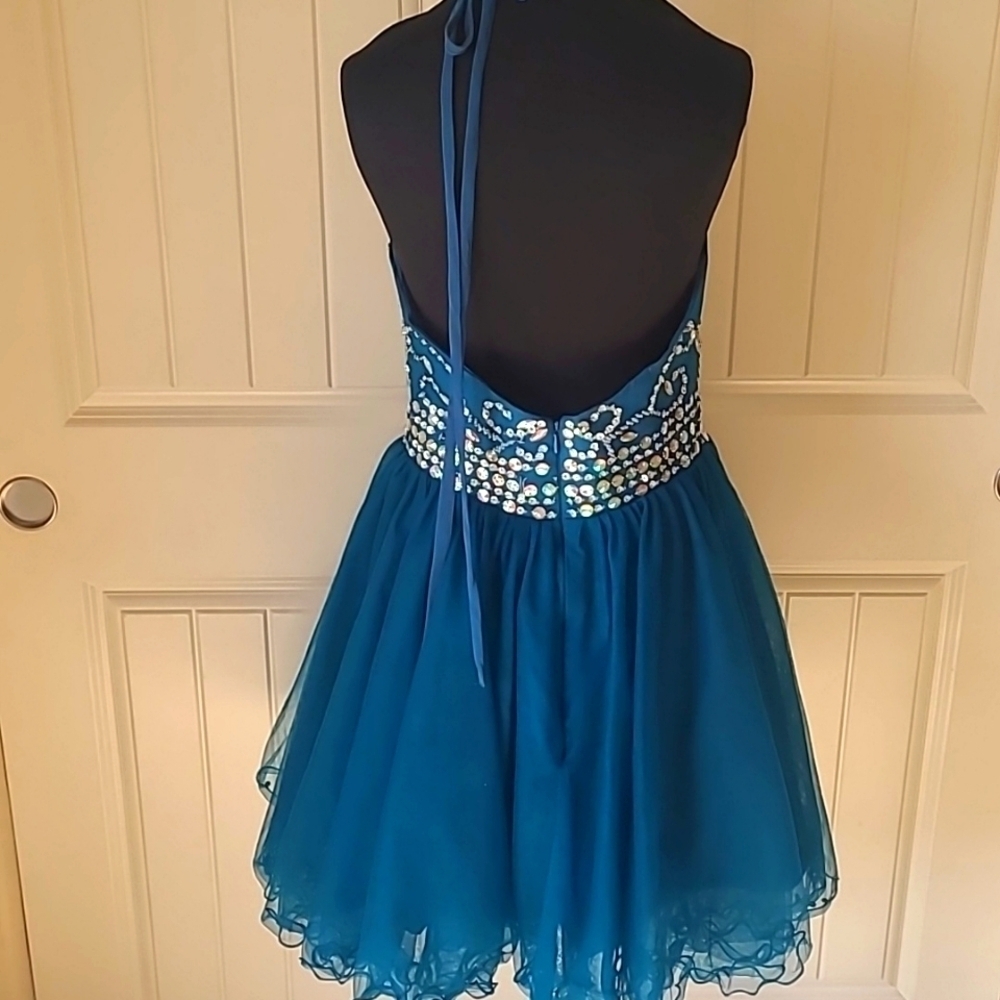 Musever Teal Halter Beaded Mini Dress size 8 - Picture 4 of 7